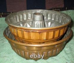 2 Antique LARGE COPPER BUNDT CAKE MOLDS Victorian Tin-lined Jello Ice Cream 10