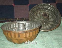 2 Antique LARGE COPPER BUNDT CAKE MOLDS Victorian Tin-lined Jello Ice Cream 10