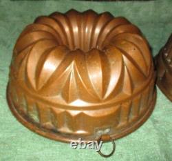 2 Antique LARGE COPPER BUNDT CAKE MOLDS Victorian Tin-lined Jello Ice Cream 10