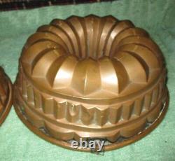 2 Antique LARGE COPPER BUNDT CAKE MOLDS Victorian Tin-lined Jello Ice Cream 10