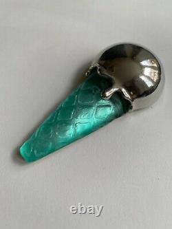 Alexis Bittar Large Ice Cream Cone Pin / Brooch green Lucite & Rhodium plated