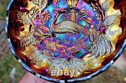 Antique Millersburg Peacock Carnival Glass Large Ice Cream Bowl Radium Purple
