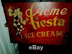 Antique Vintage Large Metal Dairy Double Sided Sign Acme Ice Cream