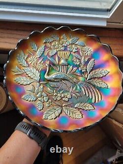 Awesome Purple Northwood Carnival Glass Peacock & Urn Large Ice Cream Bowl