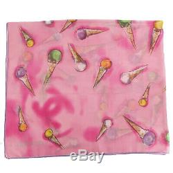 CHANEL Logos Ice cream Design Large Scarf Cotton Pink Multi Color Auth #PP376 Y