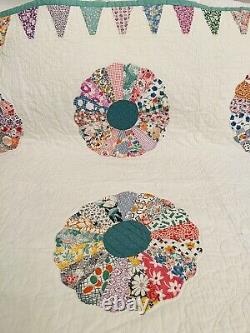 Dresden Plate Hand Quilted Quilt Ice Cream Border 1920's Fabrics 88x72