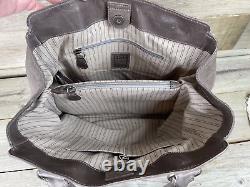 FRYE MELISSA Ice Gray Pull-Up Leather Tote Carryall Shoulder Bag Padded Pocket