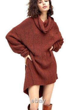 Free People Ice Cream Tunic Chenille Cable Oversize Sweater Cowlneck Brown L NWT