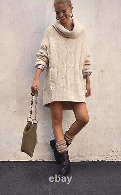 Free People Ice Cream Tunic Chenille Cable Oversize Sweater Cowlneck Ivory L NWT