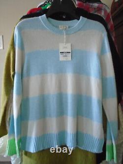 Kinross $325 NWT L Crew Neck Cashmere Knit Sweater LS Iced Aqua Blue Cream 1