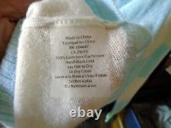 Kinross $325 NWT L Crew Neck Cashmere Knit Sweater LS Iced Aqua Blue Cream 1