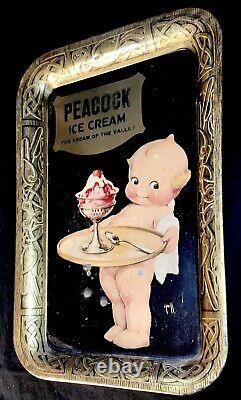 LARGE Rose O'Neill Kewpie Doll Tin Litho Advertising Sign Tray Peacock Ice Cream