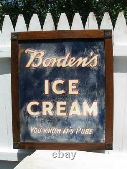 Large 1920s 1930s Framed Embossed BORDEN'S ICE CREAM Tin Sign