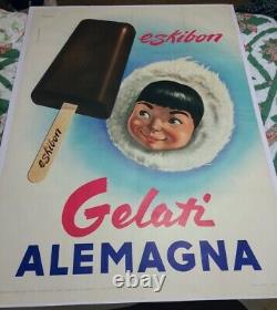 Large Mid Century Ice Cream Advertising Poster Eskibon Italy 1953 sign antique
