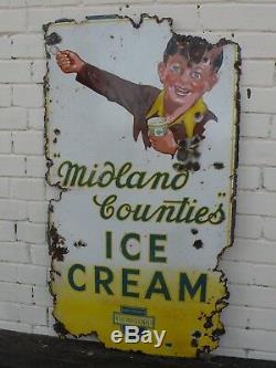 Large Original Vintage MIDLANDS COUNTIES ICE CREAM enamel sign c. 1930's-40's
