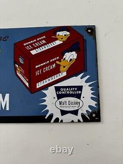 Large Vintage Donald Duck Ice Cream 20 Porcelain Gas Pump Advertising Sign