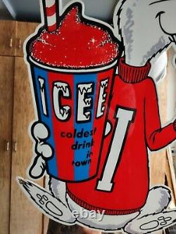 Large Vintage Icee Heavy Metal Porcelain Advertising Sign Ice Cream Polar Bear