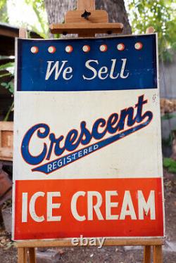 Rare Large Vintage Metal Crescent Ice Cream Sign Red White & Blue 20 by 27¾