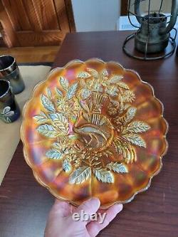 STIPPLED Marigold Northwood Carnival Glass Peacock & Urn Large Ice Cream Bowl