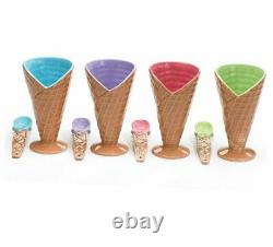 Set Of 4 Large Ice Cream Cone Dishes Bowls With Spoon