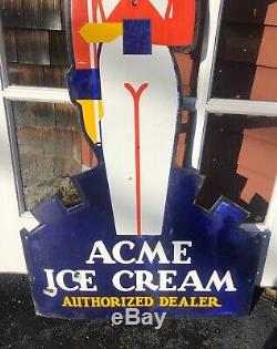 Ultra RARE LARGE 45 Vintage ACME ICE CREAM Country Store Die cut Porcelain Sign
