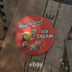 Vintage 1932 Highland Finest Quality Ice Cream Porcelain Gas & Oil Pump Sign