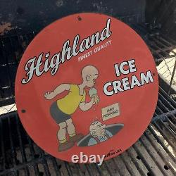 Vintage 1932 Highland Finest Quality Ice Cream Porcelain Gas & Oil Pump Sign