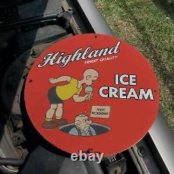 Vintage 1932 Highland Finest Quality Ice Cream Porcelain Gas & Oil Pump Sign