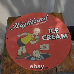 Vintage 1932 Highland Finest Quality Ice Cream Porcelain Gas & Oil Pump Sign