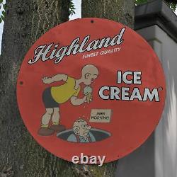 Vintage 1932 Highland Finest Quality Ice Cream Porcelain Gas & Oil Pump Sign