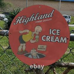 Vintage 1932 Highland Finest Quality Ice Cream Porcelain Gas & Oil Pump Sign