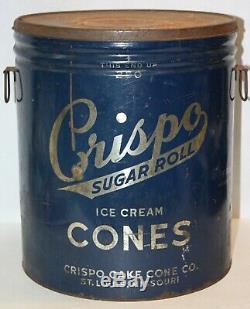 Vintage Crispo Sugar Roll Ice Cream Cones, Large Tin Metal Can Advertising