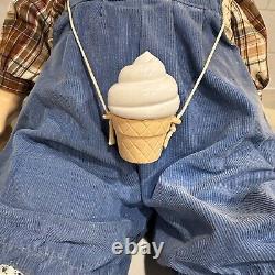 Vintage Ice Cream Boy Doll J Shin Yarn Hair Hat Blue Overalls X-Large Hong Kong