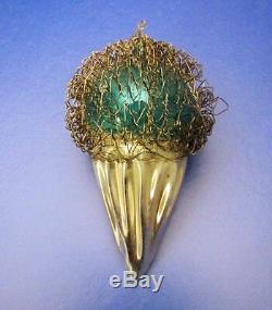 Vintage LARGE Ice Cream Cone Wire Wrapped Glass Christmas Ornament GREEN