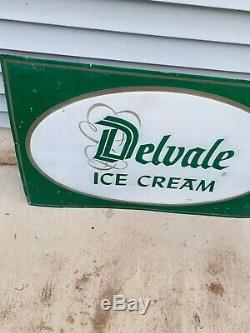 Vintage Large Food Dairy Advertising Delvale Ice Cream Shoppe Green Metal Sign