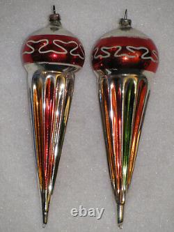 Vtg Blown Glass Ornament Pair- GERMAN FLUTED ICE CREAM CONE Balloon Top SQUIGGLE