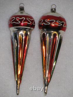 Vtg Blown Glass Ornament Pair- GERMAN FLUTED ICE CREAM CONE Balloon Top SQUIGGLE