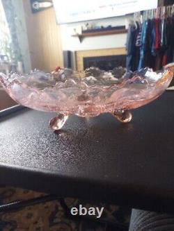 Vtg Pink Fenton Stag & Holly Ice Cream Shape Large Footed Bowl 10.75