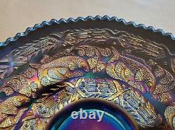 Wow Fenton Carnival Glass Blue Little Fishes Large Ice Cream Bowl Great Color
