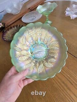 Wow Ice Green Northwood Carnival Glass Peacock & Urn Large Ice Cream Bowl