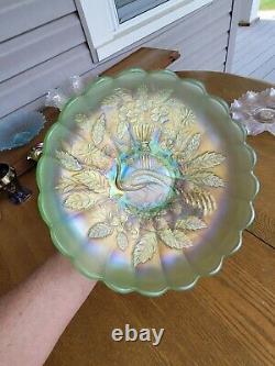 Wow Ice Green Northwood Carnival Glass Peacock & Urn Large Ice Cream Bowl