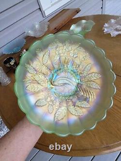 Wow Ice Green Northwood Carnival Glass Peacock & Urn Large Ice Cream Bowl